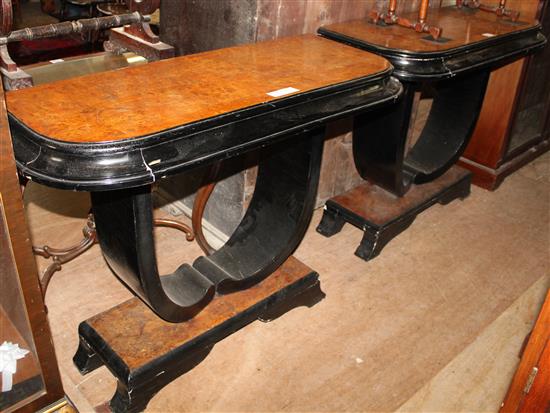 Pair Art Deco birds eye maple and ebonised console tables